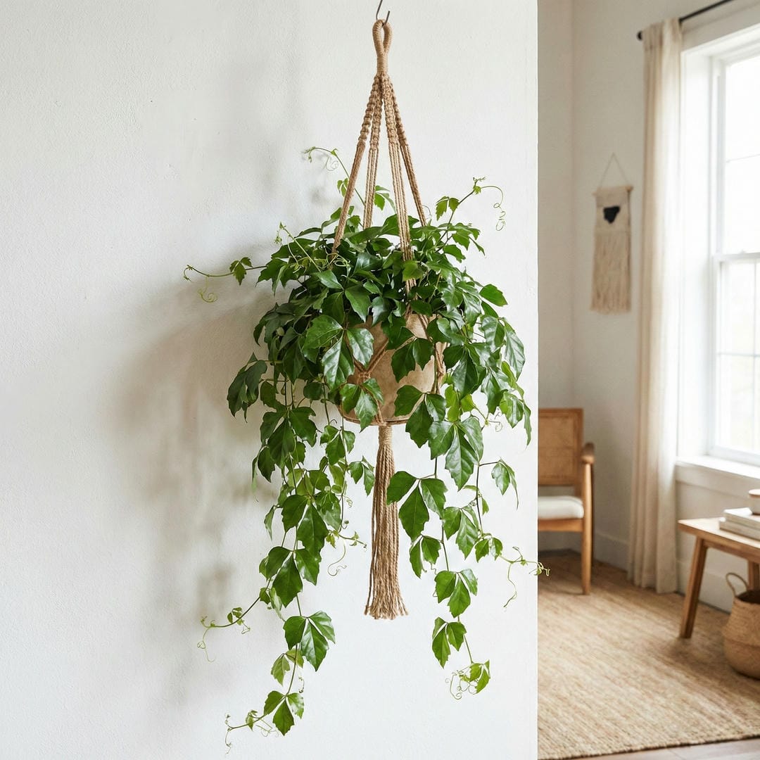 Grape Ivy in a woven hanging basket with long vines cascading down against a white wall in a bright room