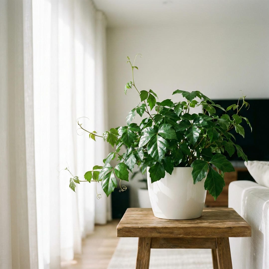 Grape Ivy plant on a side table near a bright window with filtered sunlight showing the glossy three-lobed leaves
