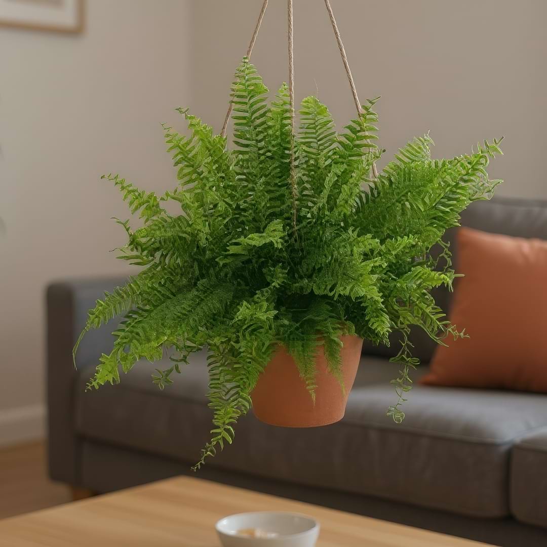 A Green Moment Fern thriving in a terracotta hanging basket in a living room.