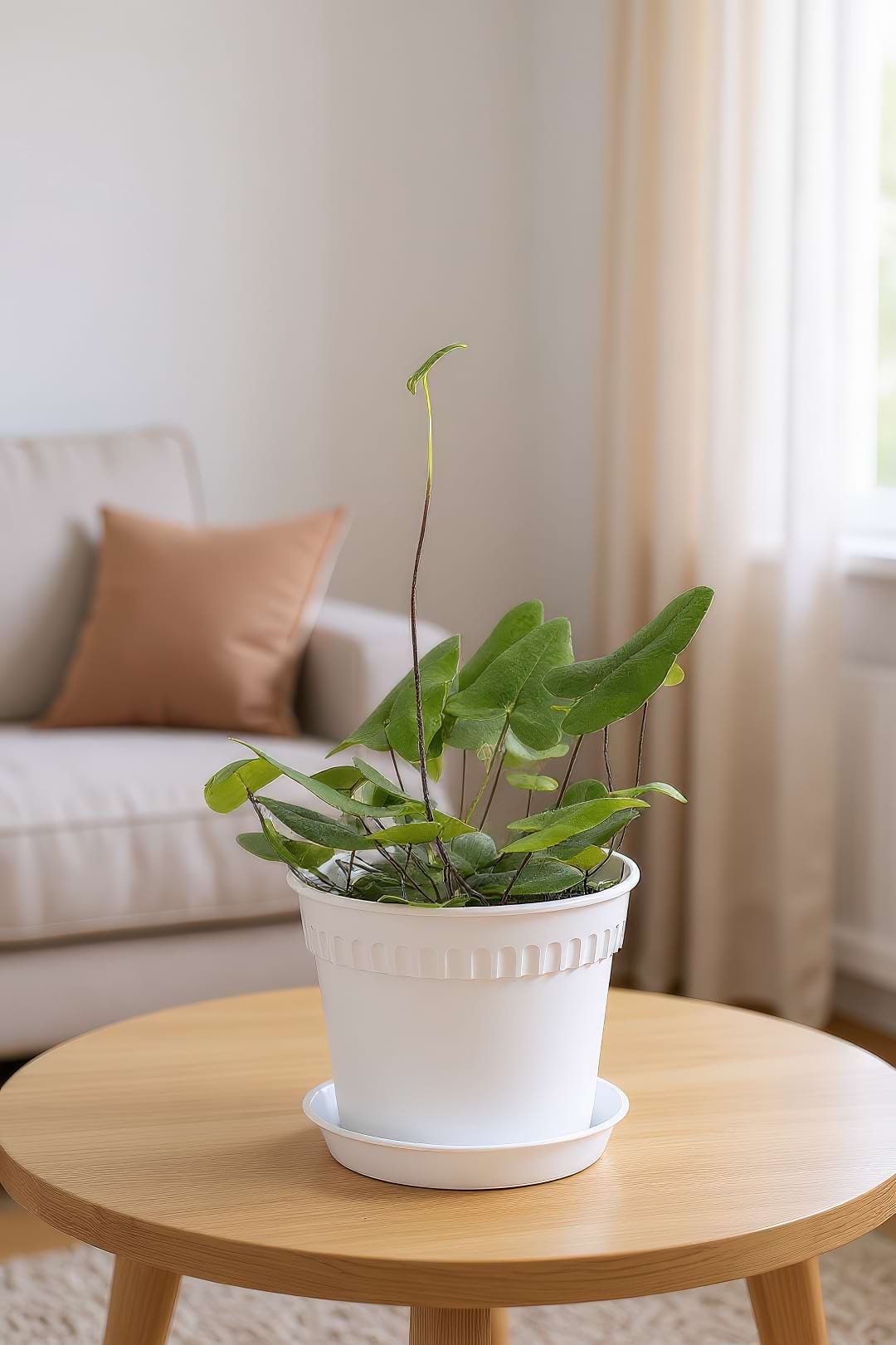Heart Fern in a white pot on a wooden coffee table in a living room