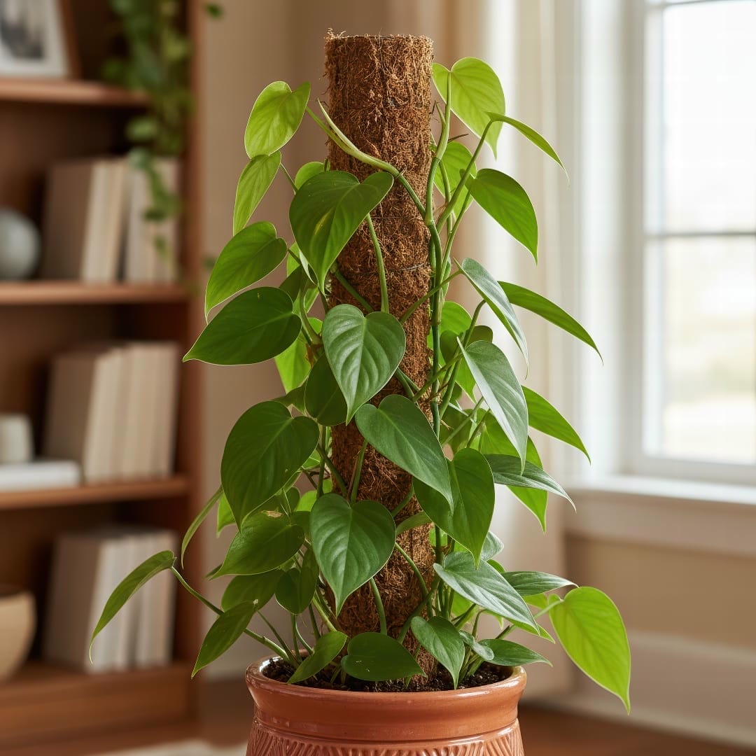 A Heart-leaf Philodendron being trained to climb a moss pole, showing off its aerial roots