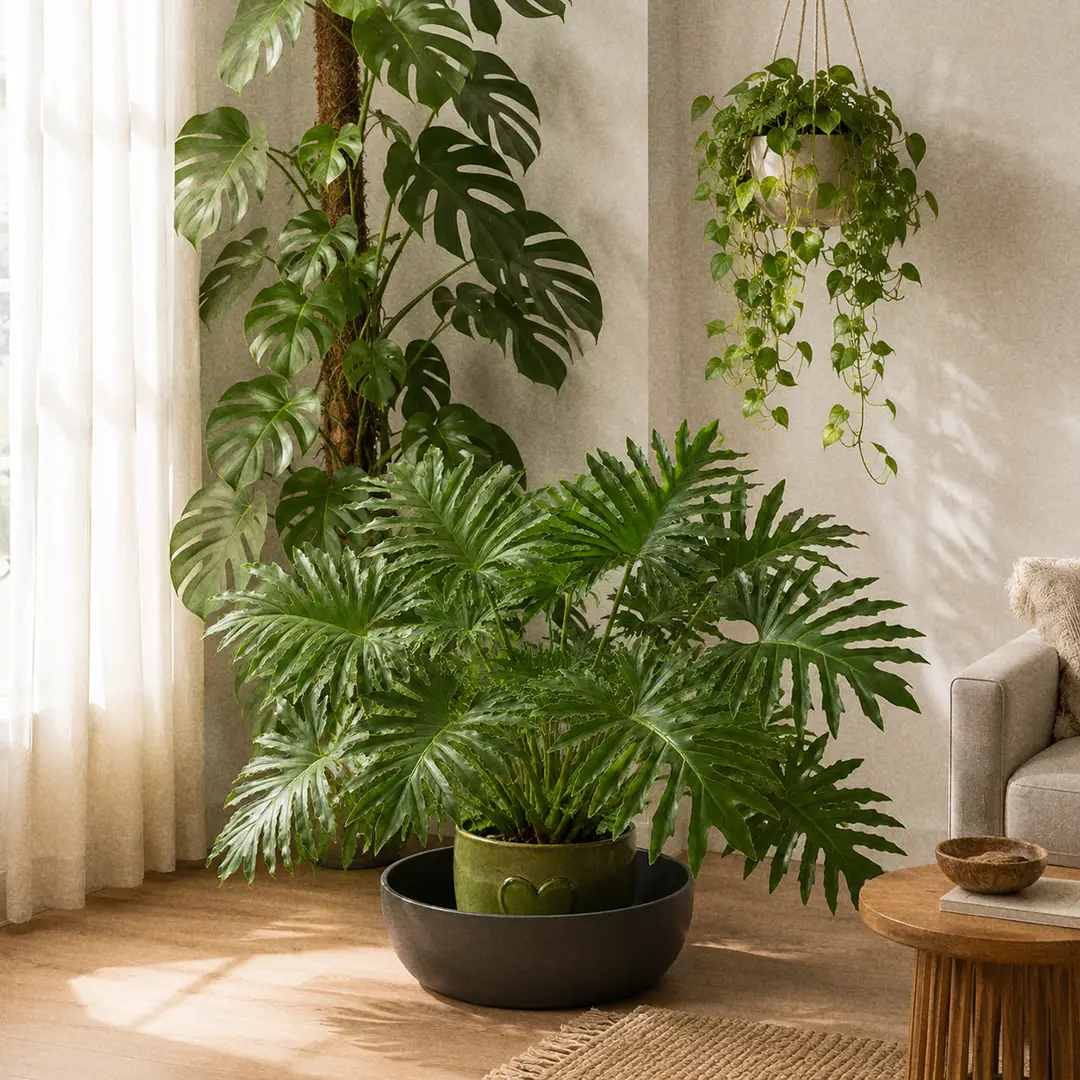 A styled corner of a bright modern living room with a Hope Selloum in a wide low charcoal planter on a wooden floor beside a tall Monstera Deliciosa and a trailing Heart-Leaf Philodendron in a hanging planter, with sheer curtains and a warm wooden floor