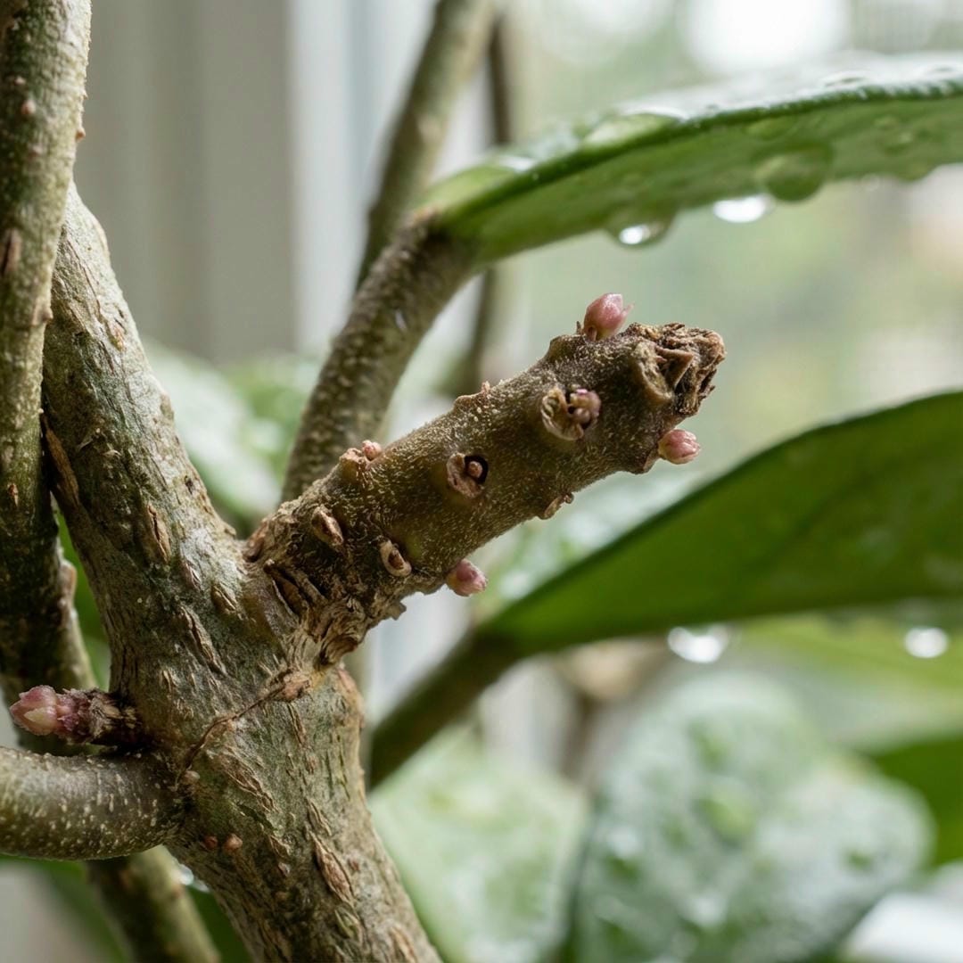 Close up macro shot of a Hoya peduncle (flower spur) showing where new buds form