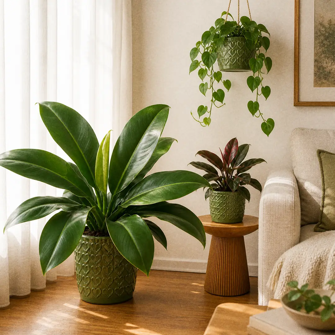A styled corner of a bright modern living room with a large Imperial Green Philodendron in a green ceramic pot with a heart motif on a wooden floor next to a low cream couch, a small Imperial Red Philodendron on a side table, and a hanging Heart-Leaf Philodendron near a sheer-curtained window