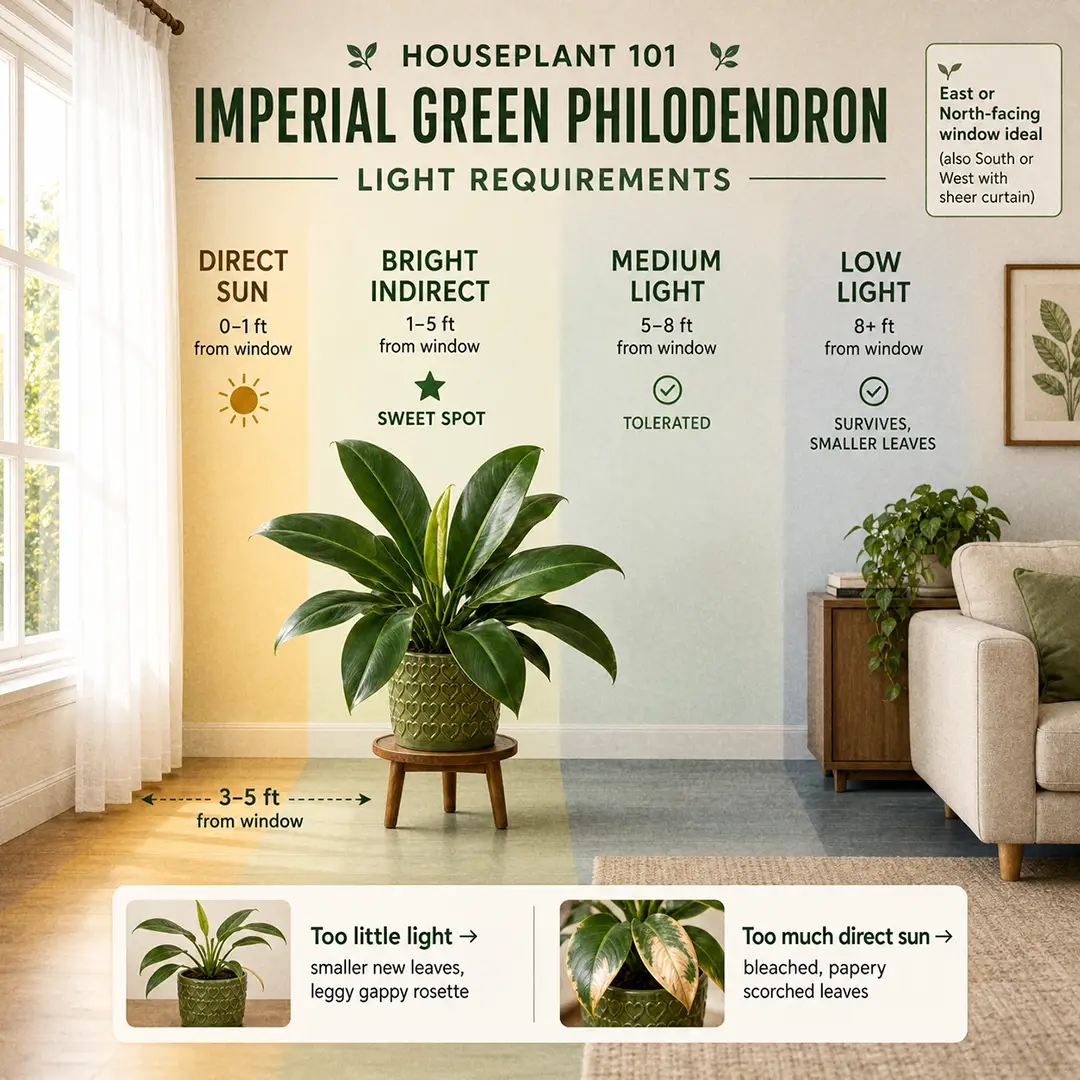 A labeled light-zone diagram showing an Imperial Green Philodendron placed three to five feet from an east-facing window in a warm modern living room with sheer curtains