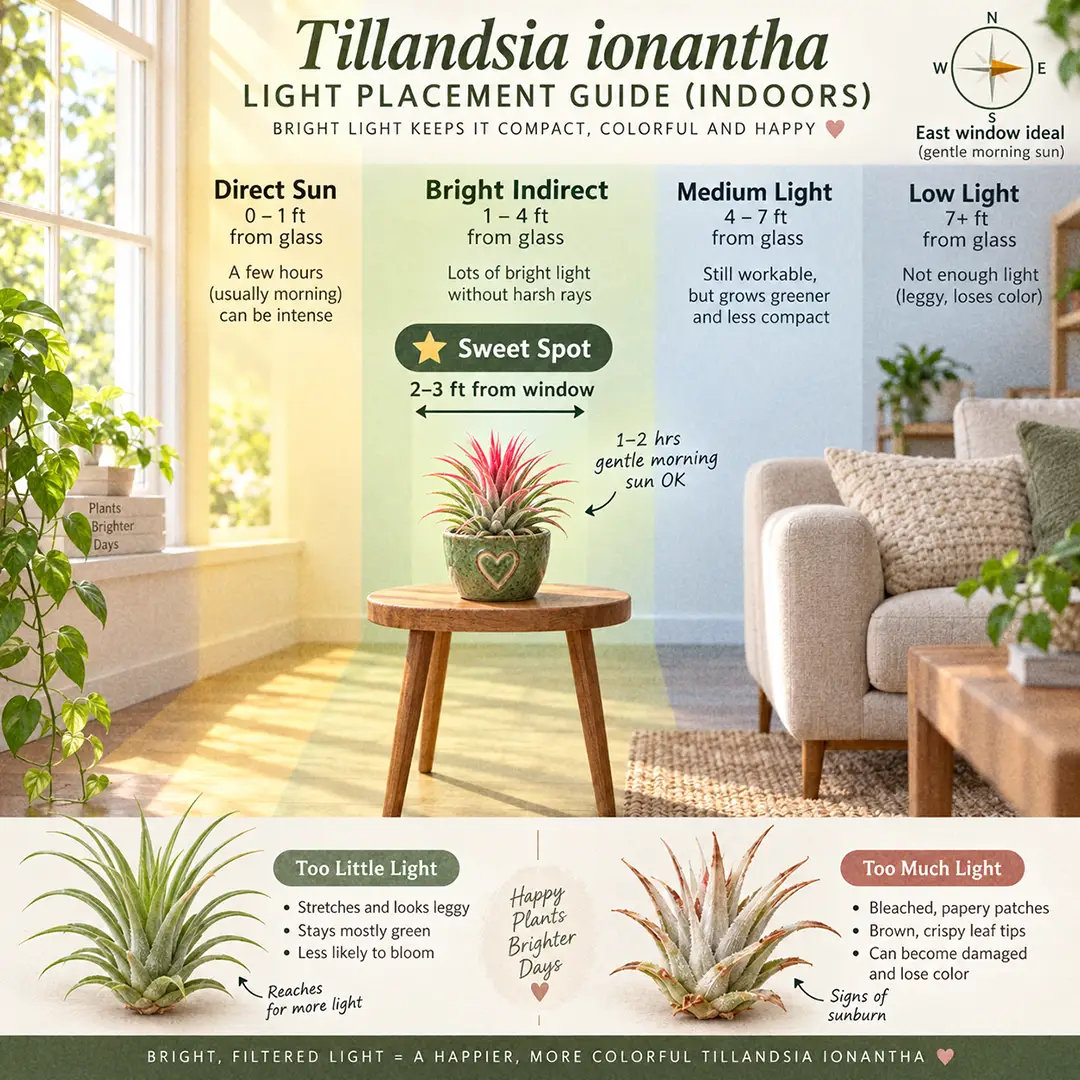 A labeled light guide diagram showing where to place an Ionantha Air Plant indoors relative to an east-facing window, with direct sun, bright indirect, medium and low light zones marked, the sweet spot highlighted at two to three feet from the glass, and thumbnails of a pale unblushed rosette and a sun-bleached one
