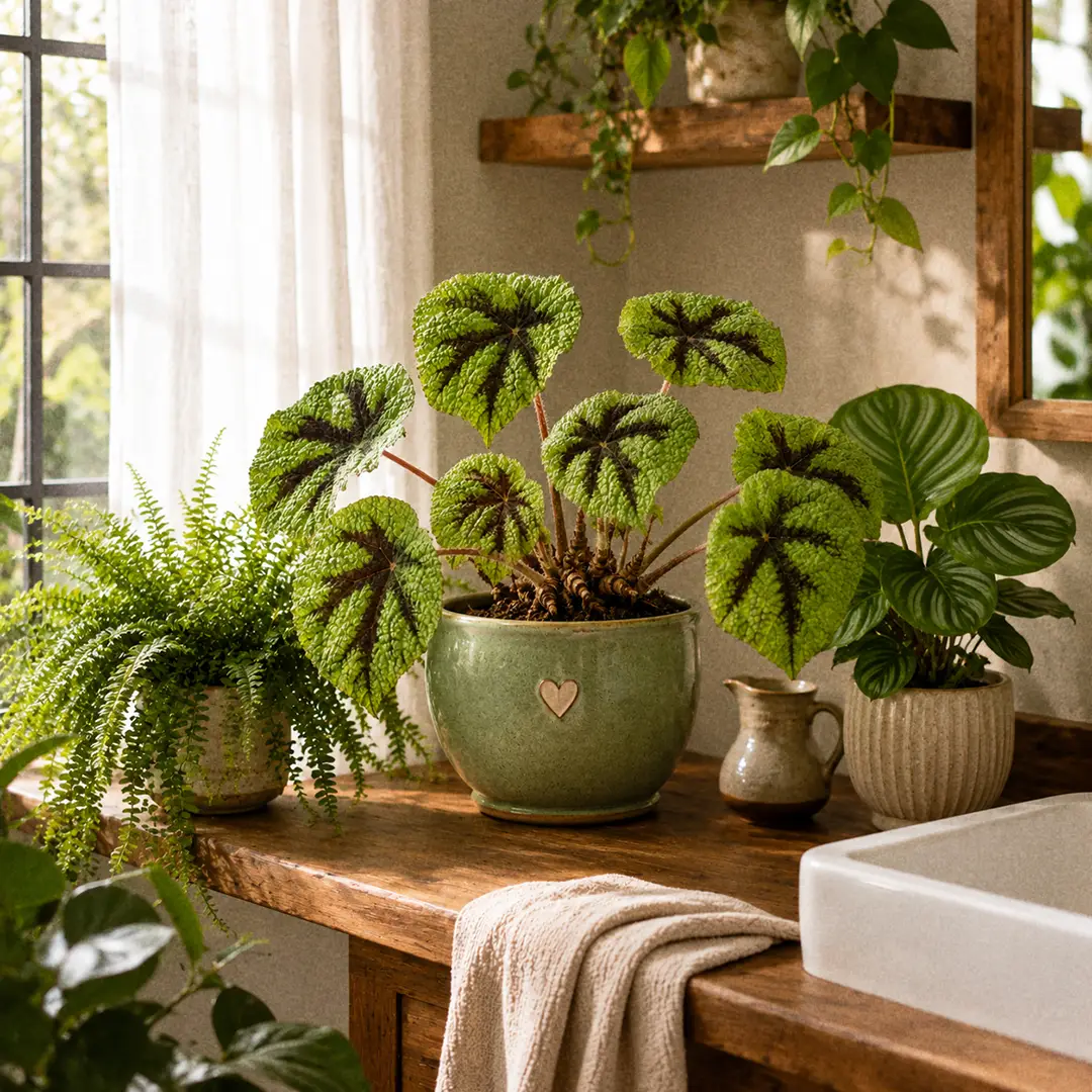 A styled corner of a bright modern bathroom with an Iron Cross Begonia in a wide low ceramic planter on a wooden countertop alongside a small Boston Fern and a Calathea Orbifolia, with sheer curtains and warm wooden surfaces