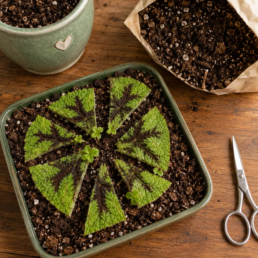 Top-down view of an Iron Cross Begonia leaf cut into wedges laid on damp soil in a shallow tray, with tiny green plantlets emerging from the cut veins beside a green ceramic pot with a heart motif and a small bag of fresh begonia mix