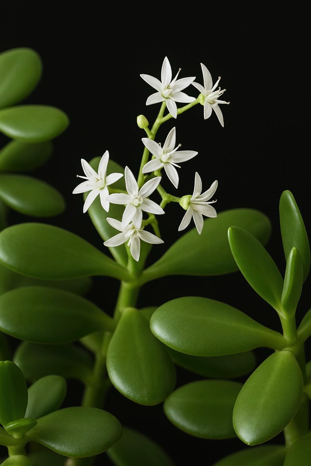 A close-up of a mature Jade Plant in full bloom, covered with clusters of delicate, star-shaped white and pink flowers.