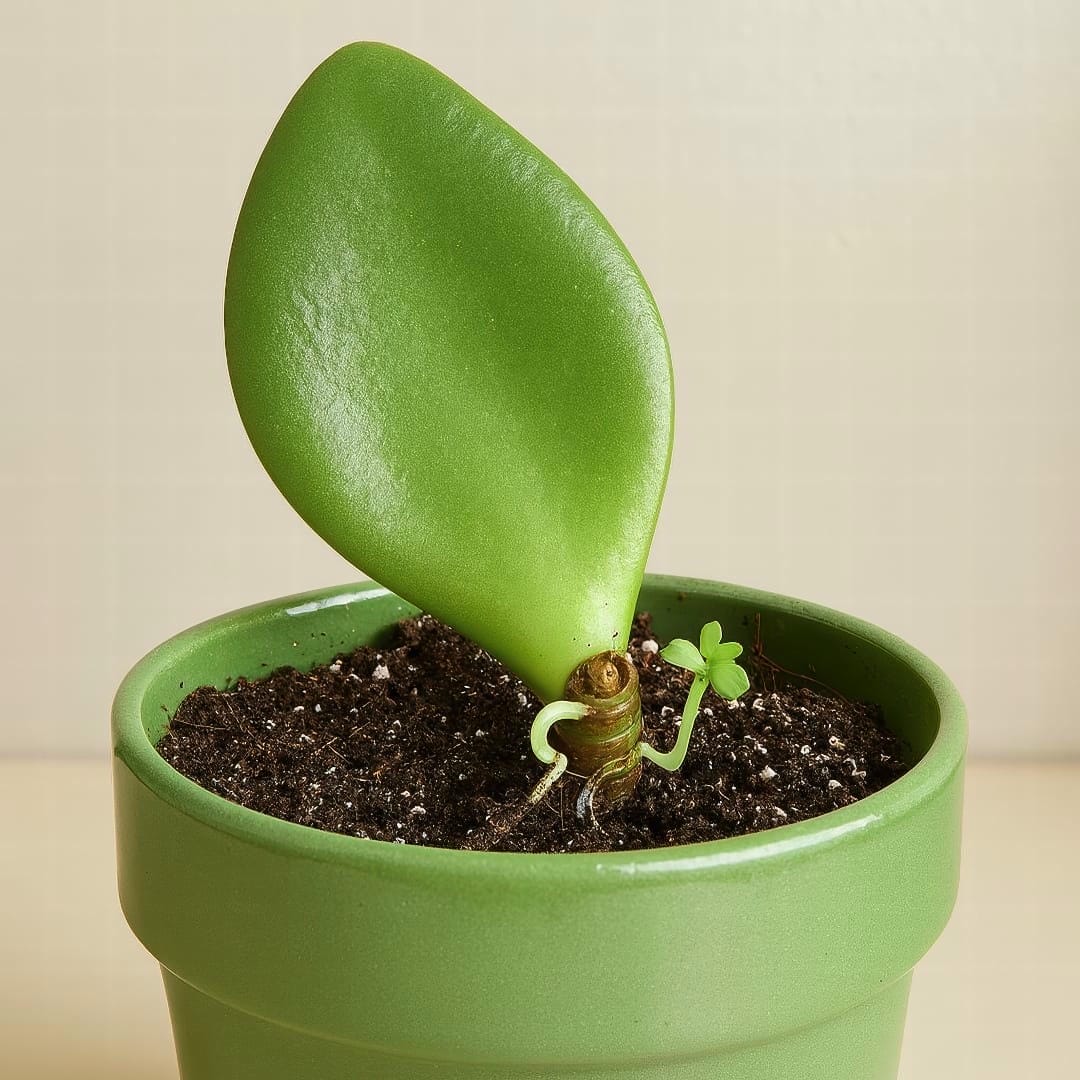 A single Jade Plant leaf lying on dry soil, with tiny new roots and a miniature new plantlet sprouting from its base.
