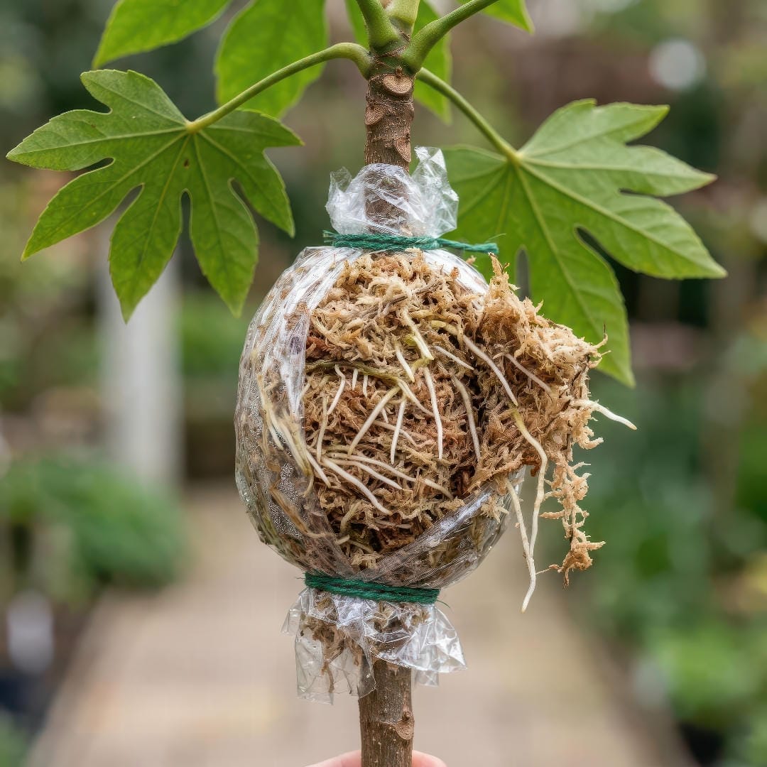 Japanese Aralia propagation by air layering, with a moist sphagnum moss bundle wrapped around a stem and roots developing inside the bundle.