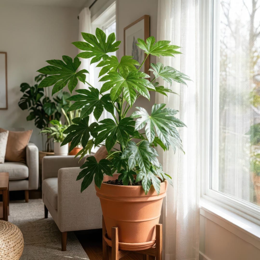 A healthy Japanese Aralia growing near a bright window with filtered light, showing large glossy palmate leaves and a compact indoor shrub shape.