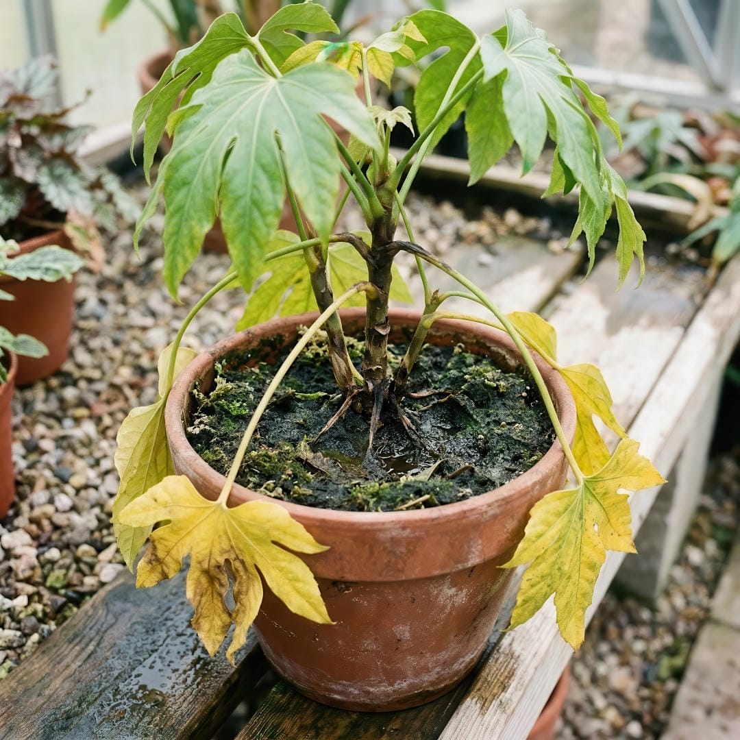 An overwatered Japanese Aralia with yellowing lower leaves and soft stems near the soil line, showing classic root stress symptoms.