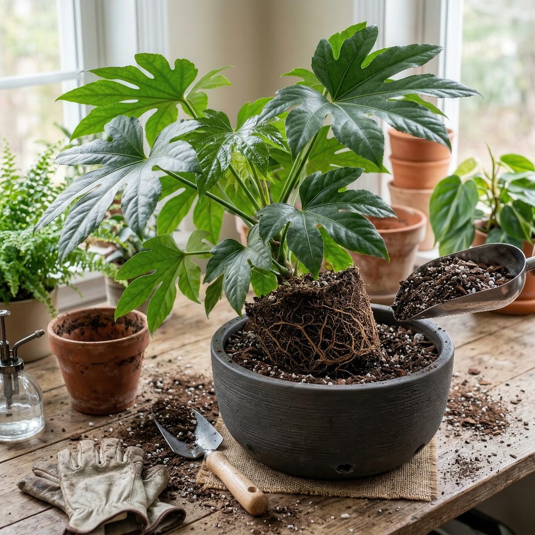 A Japanese Aralia being repotted into a slightly larger container with fresh airy soil and visible drainage holes.