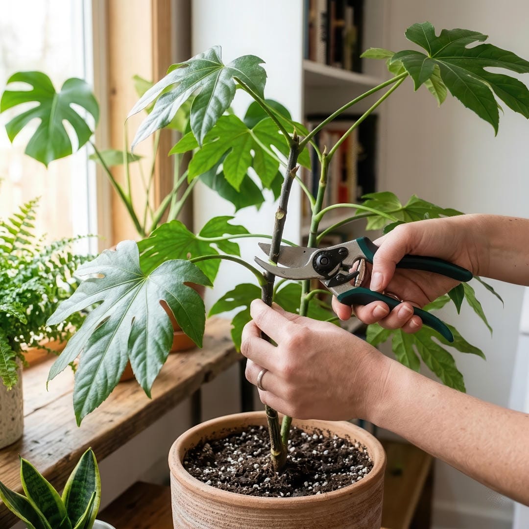 A clear pruning diagram showing where to cut Japanese Aralia stems to encourage branching and remove leggy growth.