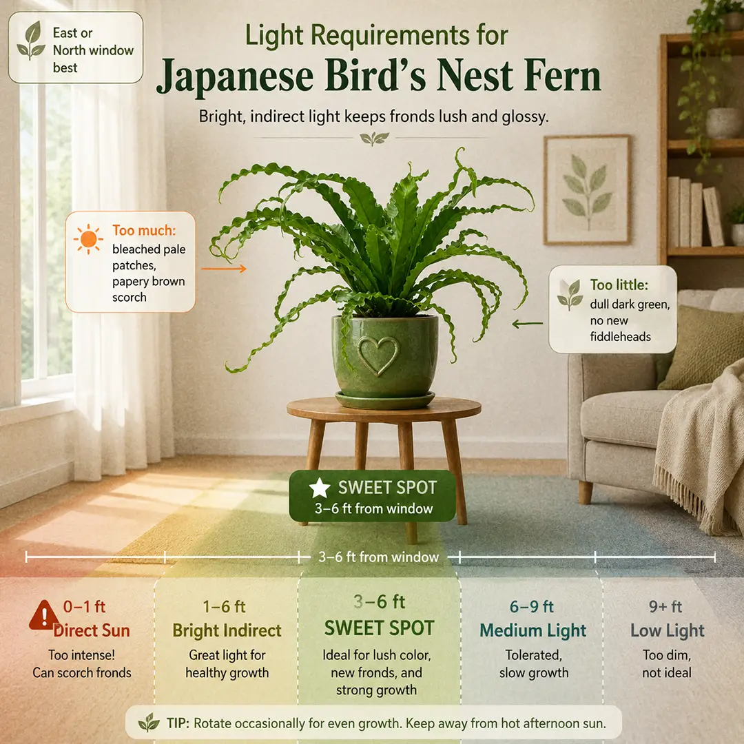 A labeled light guide diagram showing where to place a Japanese Bird's Nest Fern indoors relative to an east or north-facing window, with direct sun, bright indirect, medium and low light zones marked and the sweet spot highlighted three to six feet back from the glass