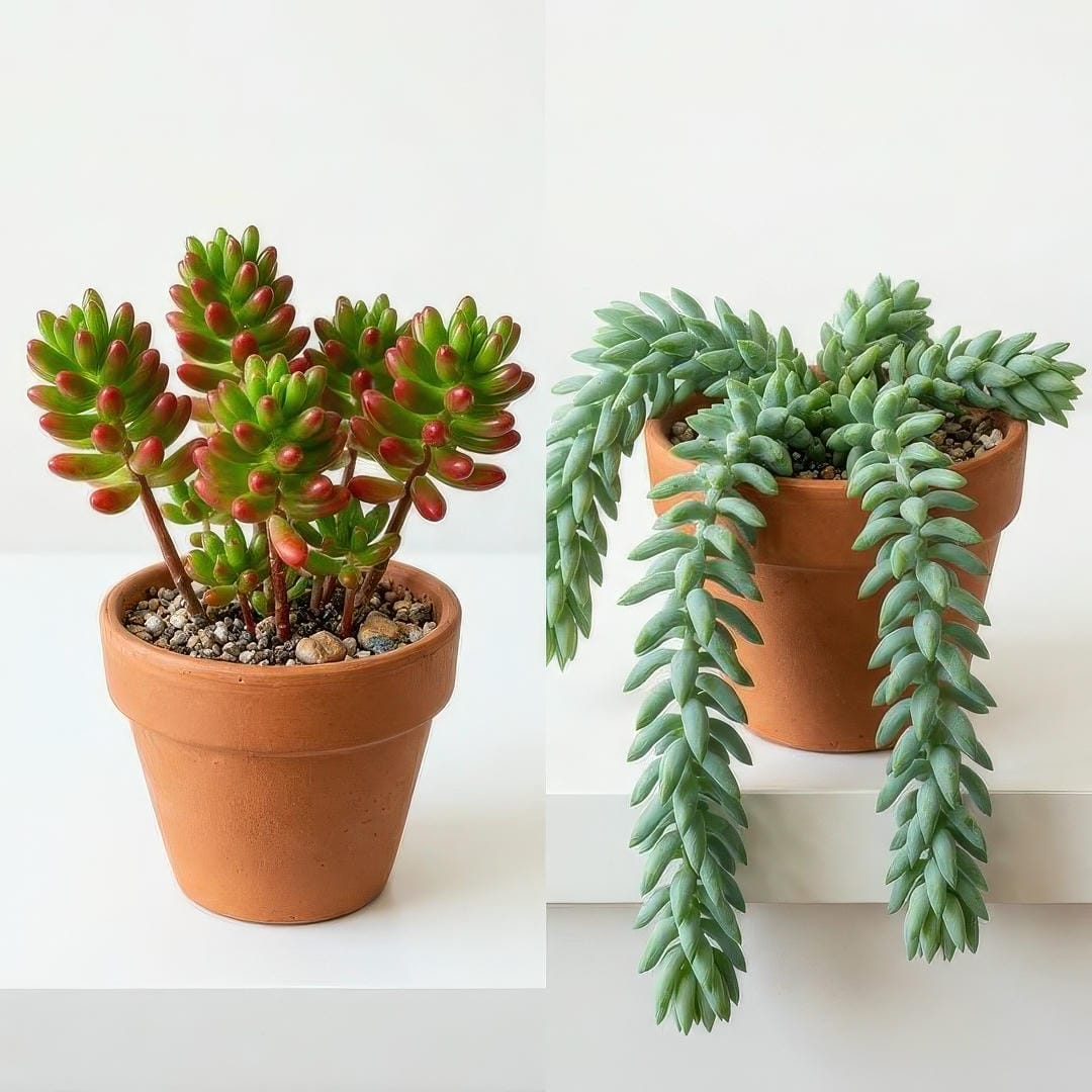 Side-by-side comparison of Jelly Bean Plant with rounded bean-shaped leaves and Burro's Tail with longer pointed teardrop-shaped leaves, both in small terracotta pots.