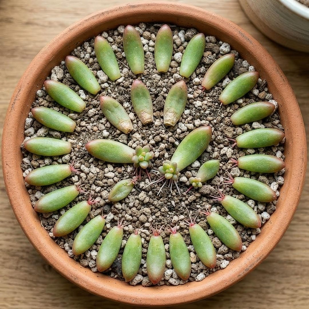 Jelly Bean Plant leaf propagation stages showing individual plump leaves laid on succulent soil, some with tiny roots emerging, and small baby plants beginning to sprout.