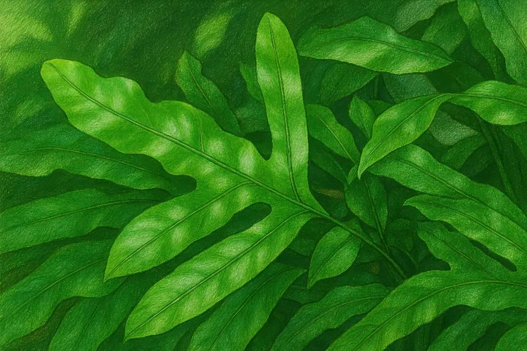 Close-up of a Kangaroo Fern frond showing its distinct shape and glossy green texture.