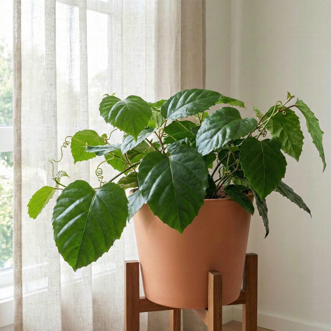 Kangaroo Ivy plant near a bright window with filtered sunlight showing the large glossy toothed leaves