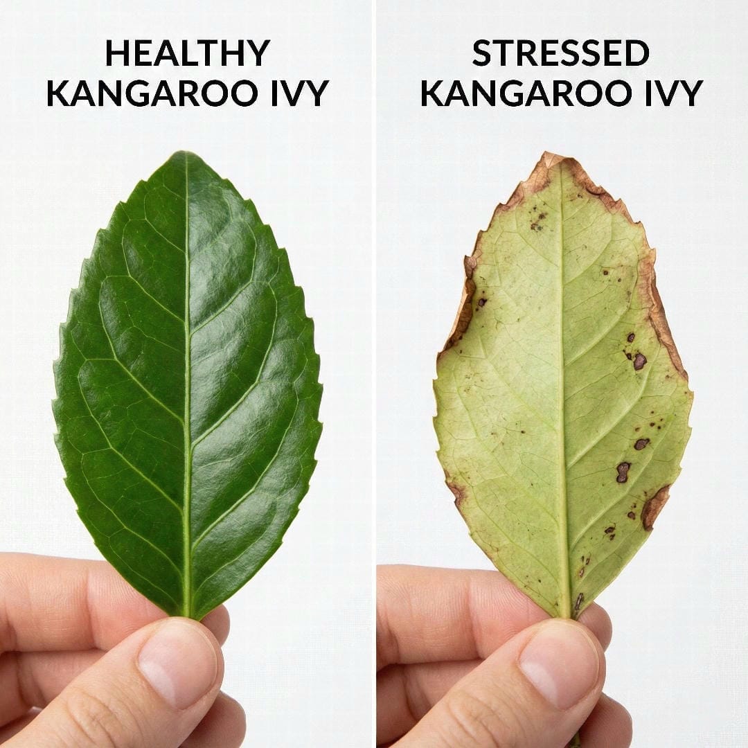 Split image showing a healthy Kangaroo Ivy leaf on left versus a yellowing leaf with brown edges on right for comparison