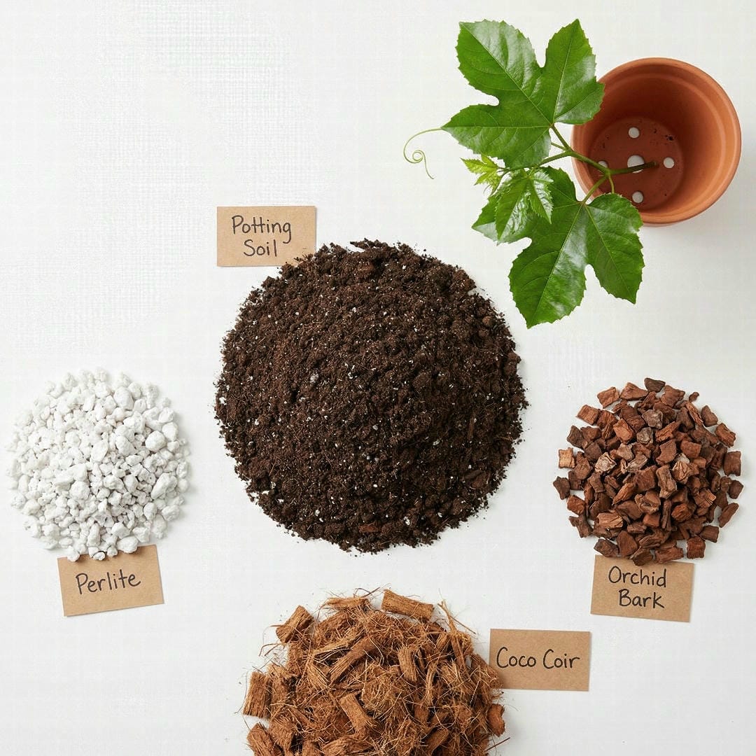 Well-draining potting mix components for Kangaroo Ivy showing perlite, potting soil, and bark