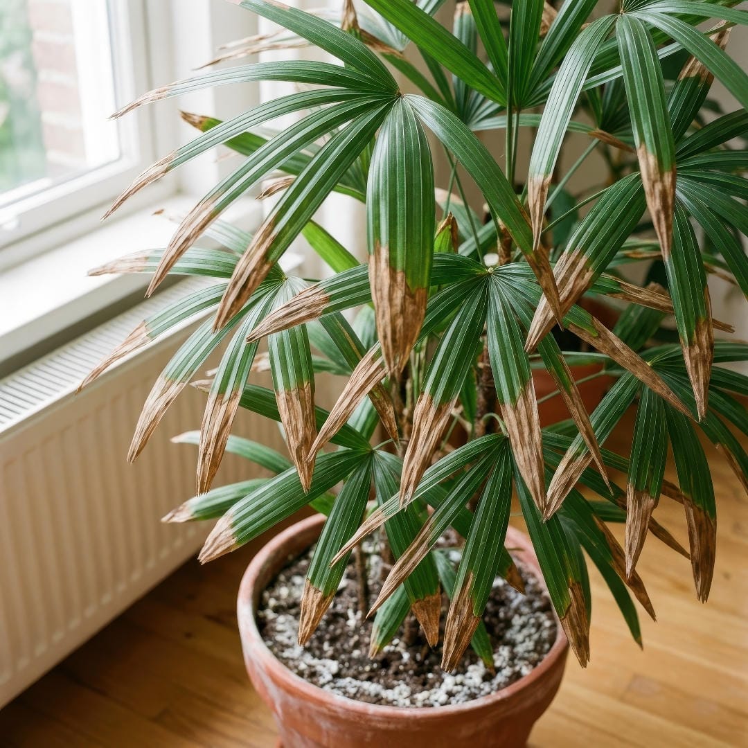 Lady Palm fronds with brown tips and edges caused by dry air, mineral buildup, or inconsistent watering.