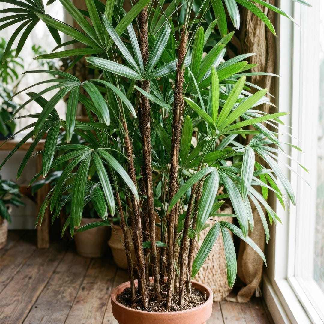 A mature Lady Palm clump showing multiple slim canes and broad segmented fan leaves.