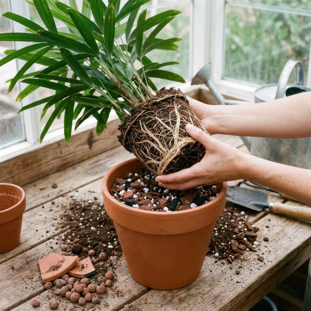 A gardener repotting a Lady Palm into a slightly larger planter with airy palm soil.