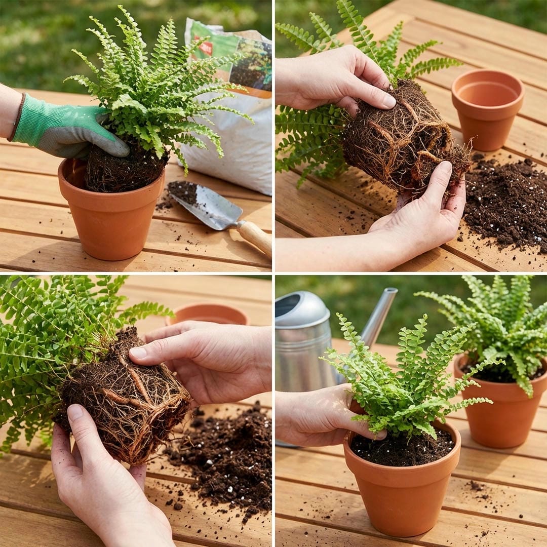 Step-by-step division propagation of a lemon button fern.