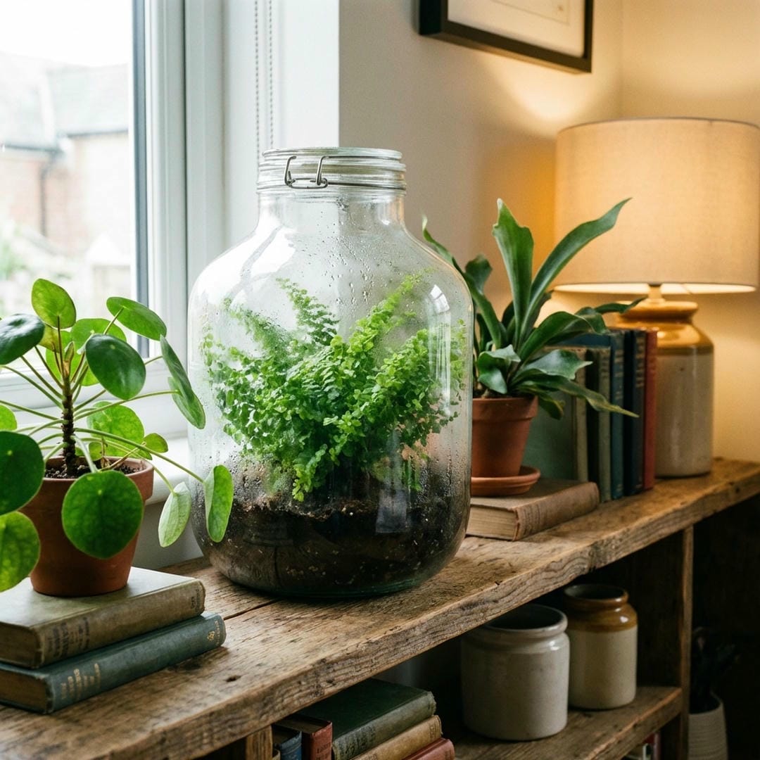 Lemon button fern thriving inside a glass terrarium.
