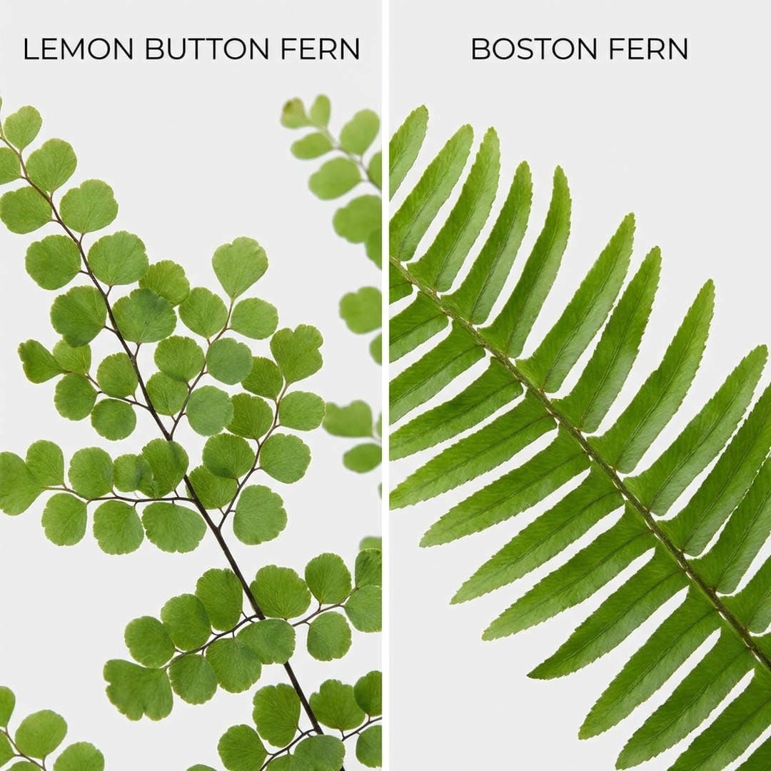 Side-by-side comparison of lemon button fern vs boston fern leaves.