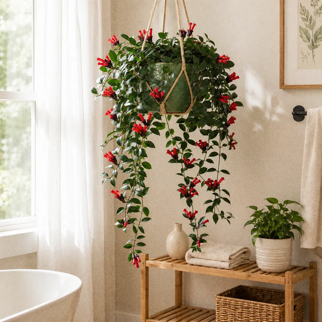 A styled bright bathroom corner with a fully bloomed Lipstick Plant in a green ceramic pot with a heart motif suspended in a macrame hanger near a curtained window, the long trailing stems carrying multiple clusters of scarlet-red tubular flowers cascading down beside a small wooden plant shelf