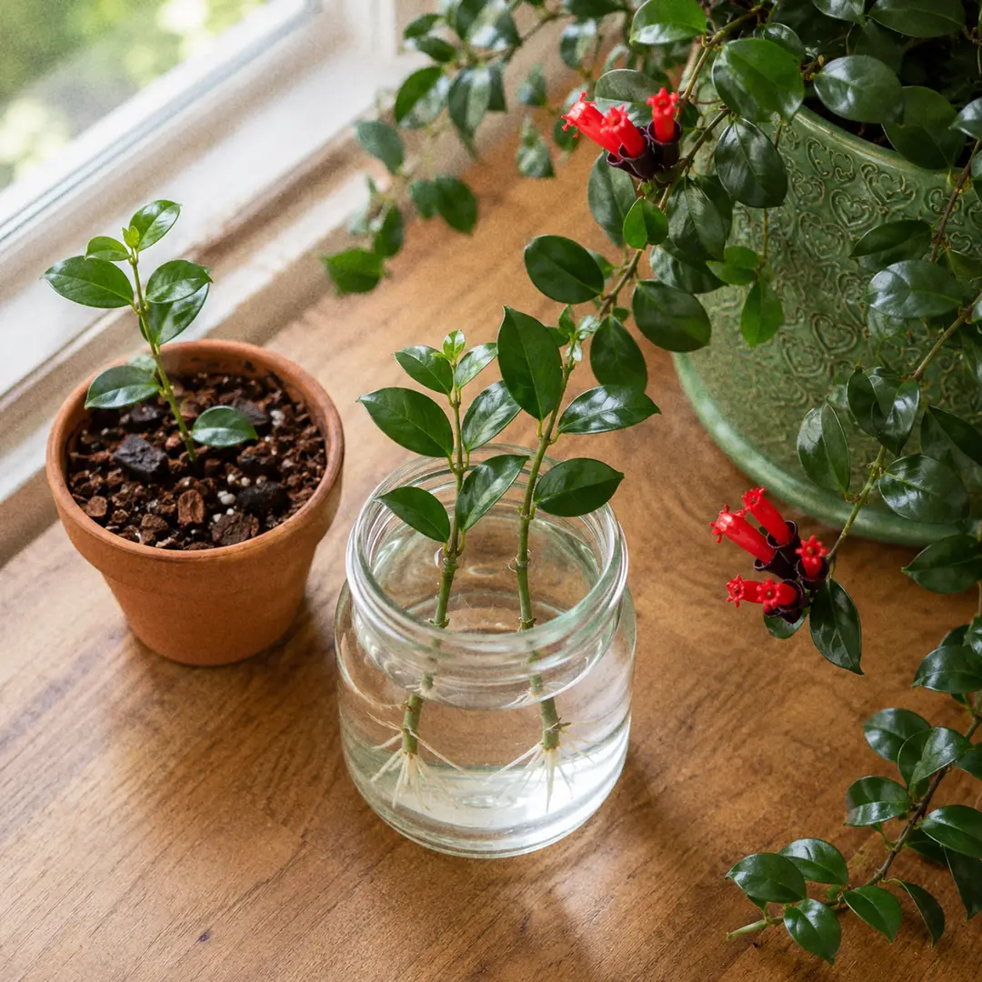 Top-down view of three Lipstick Plant stem-tip cuttings rooting in a clear glass jar of water on a sunny windowsill, with another cutting freshly inserted into a small pot of damp soil beside a green ceramic pot with a heart motif holding the parent plant