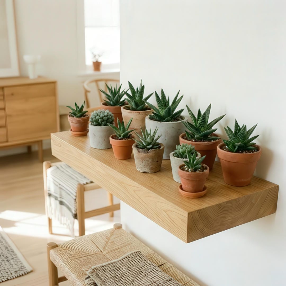 Collection of Gasteria Little Warty plants in small terracotta and concrete pots arranged on a minimalist shelf