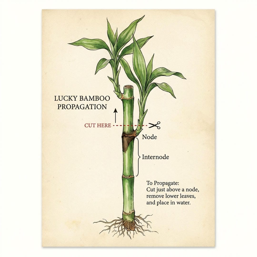 Diagram showing where to cut Lucky Bamboo for propagation at the node
