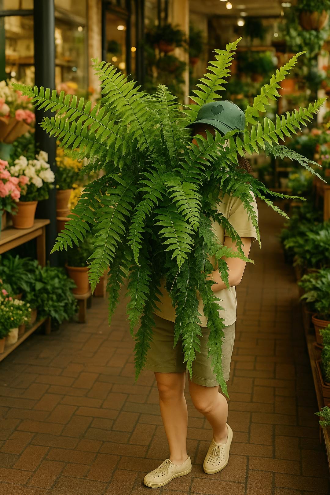 A large, mature Macho Fern in a nursery, ready for propagation by division.