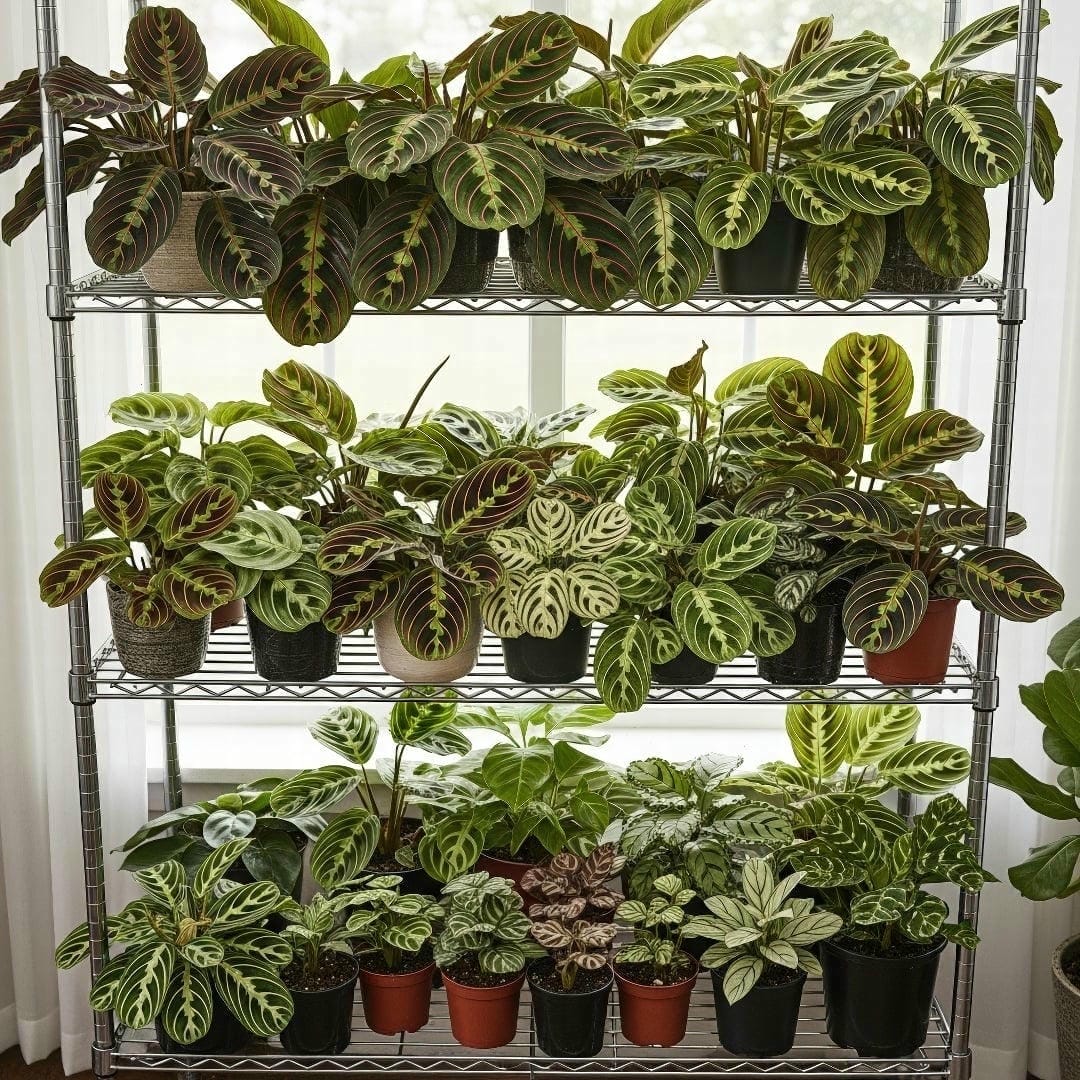 A flat lay image showing the different varieties of Prayer Plants, including 'Fascinator', 'Lemon Lime', 'Kerchoveana', 'Kerchoveana Variegata', 'Black', 'Silver Band', 'Light Veins', and 'Cat Moustache'.