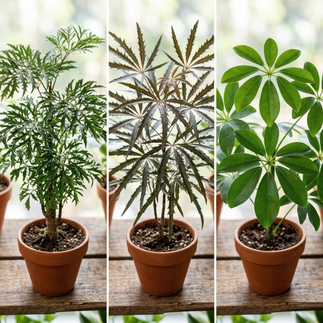 Side-by-side comparison of Ming Aralia, False Aralia, and Umbrella Plant to show differences in leaf texture and structure.