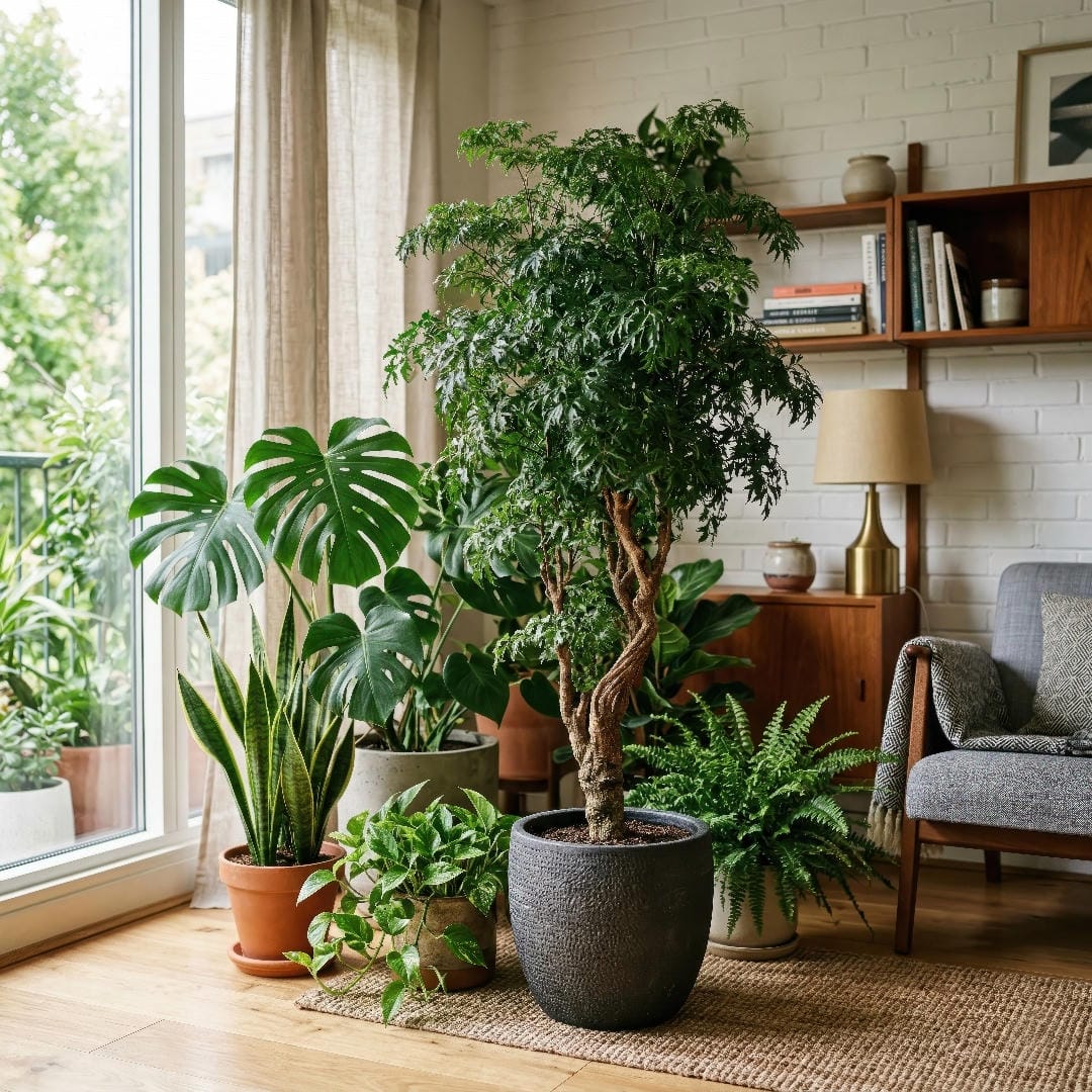 Ming Aralia styled as a decorative indoor tree in a modern home corner with other tropical foliage.