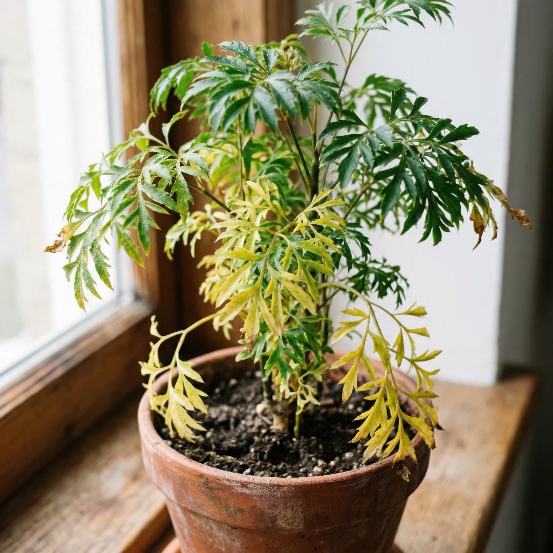Ming Aralia with yellowing leaves and weakened lower growth caused by watering stress.