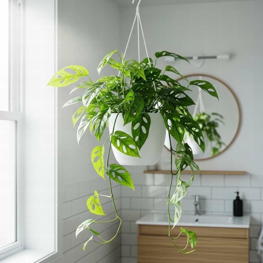 A lush Monstera adansonii thriving in a hanging basket in a bright, modern bathroom, highlighting its need for high humidity.
