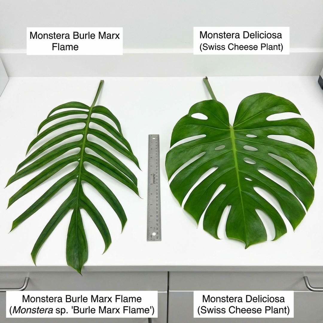 Side by side comparison of a Monstera Deliciosa leaf and a Burle Marx Flame leaf showing the difference in thickness and cut depth.