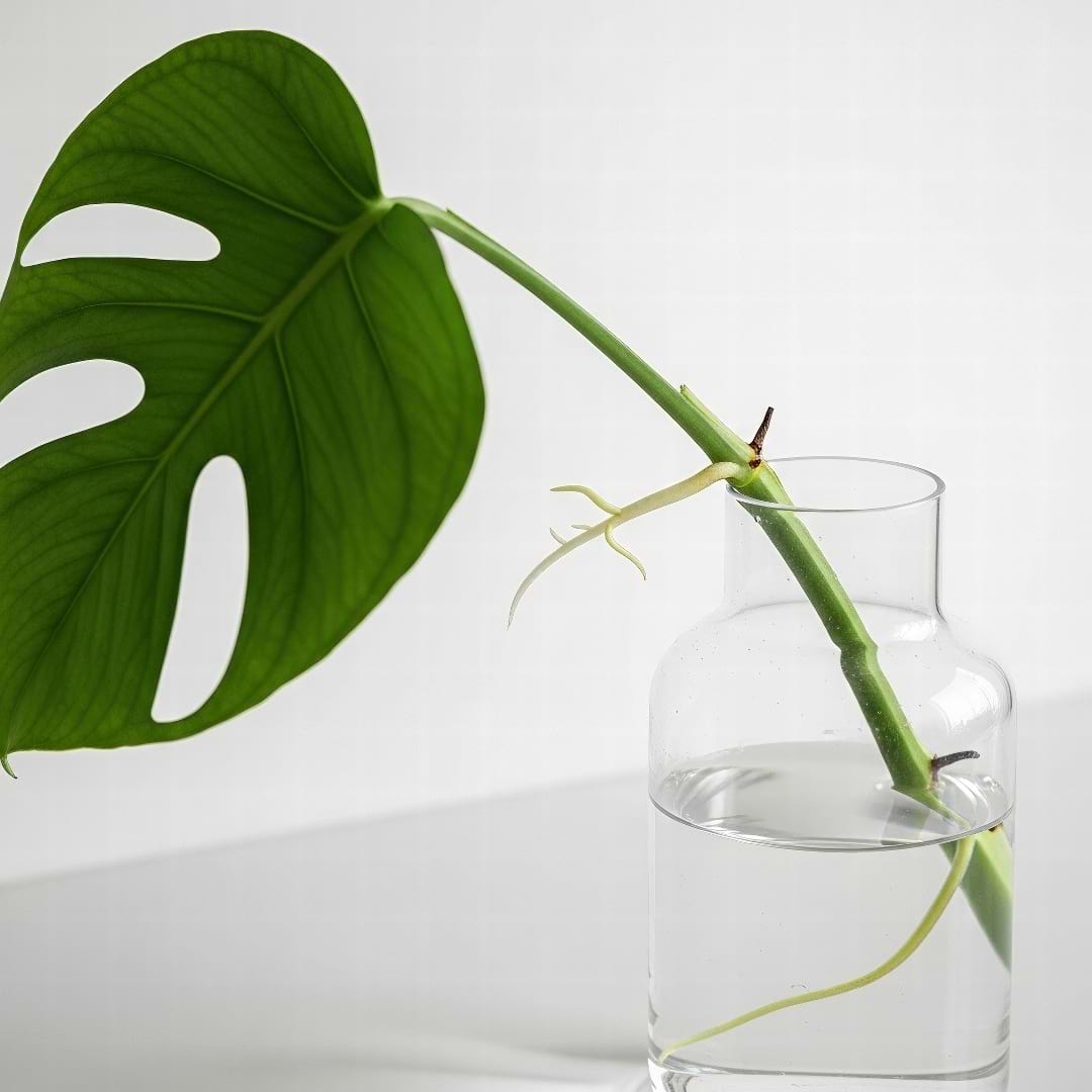 A Monstera deliciosa cutting with a node and leaf rooting in a clear glass vase of water, with new white roots sprouting.