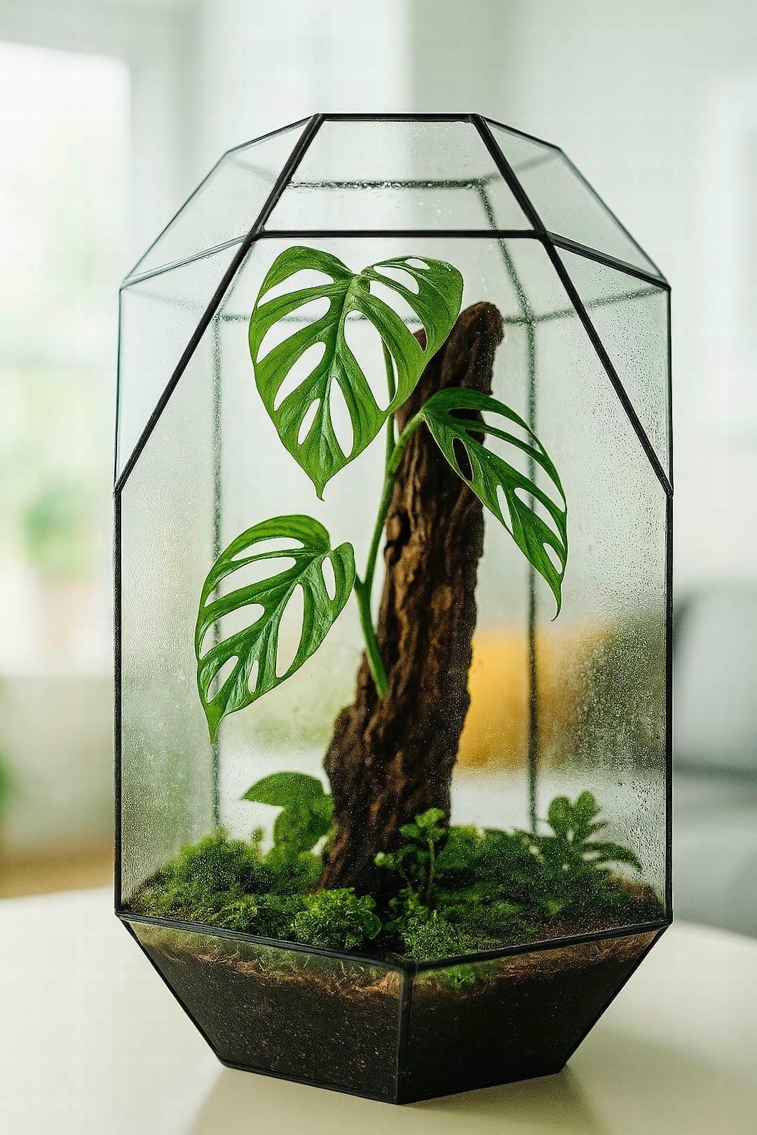 A beautiful Monstera obliqua plant thriving inside a large, enclosed glass terrarium, showcasing the ideal high-humidity environment for its care.