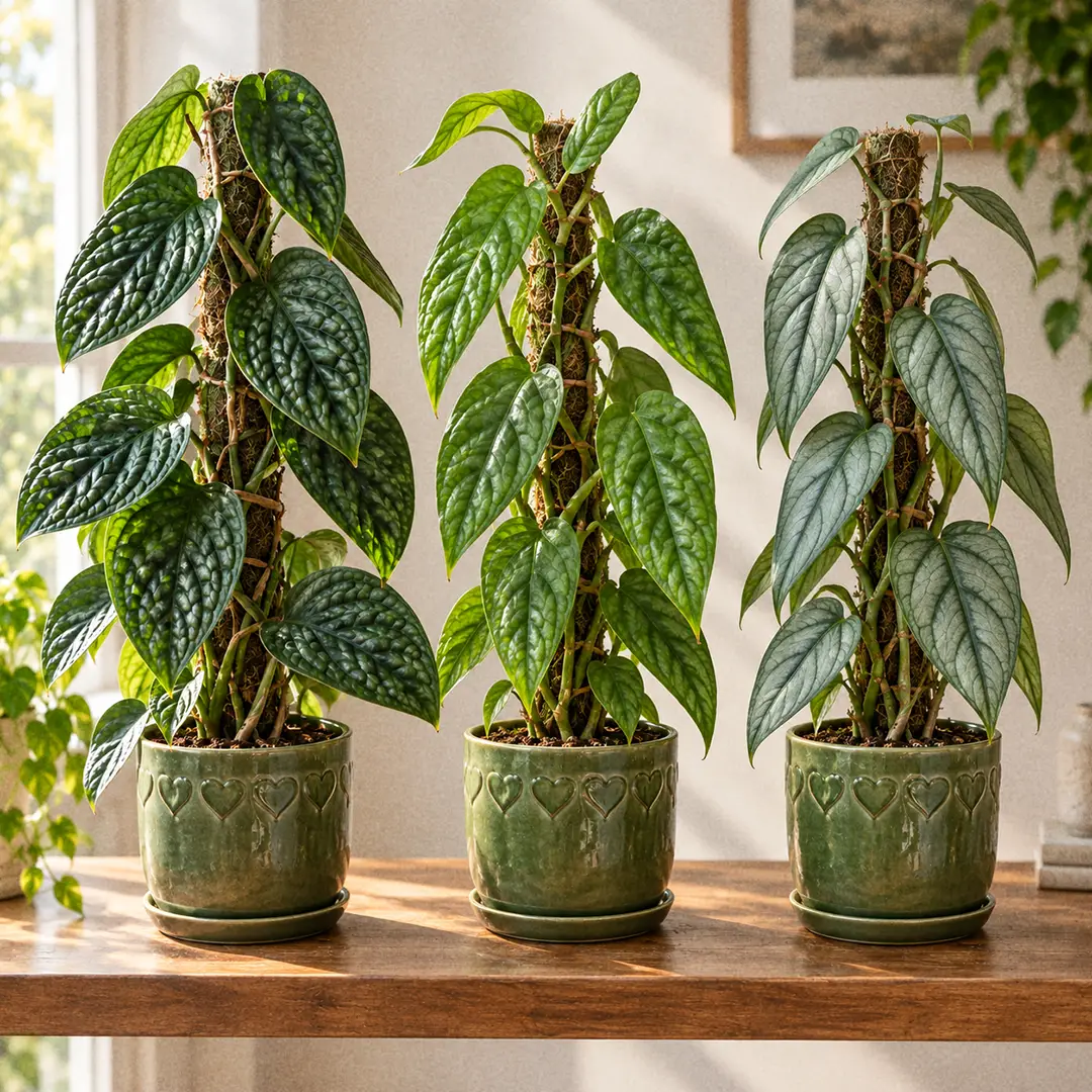 A side-by-side comparison of three small climbing Monsteras in matching green ceramic pots with heart motifs on a wooden shelf: Monstera Peru with thick deeply quilted dark green leaves, a juvenile Monstera Pinnatipartita with bumpy lance-shaped leaves, and Monstera Siltepecana with smooth silvery blue-green leaves