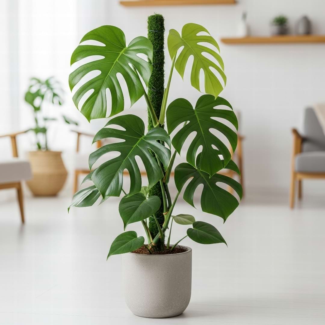 A mature Monstera pinnatipartita with large, split leaves climbing up a moss pole in a bright room.