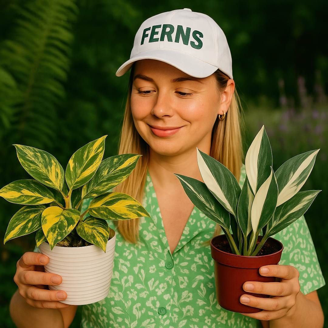 A split image showing Monstera standleyana 'Albo' with white variegation on the left and 'Aurea' with yellow variegation on the right.
