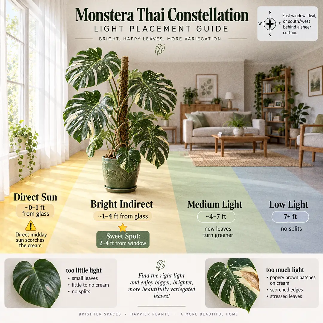A labeled light guide diagram showing where to place a Monstera Thai Constellation indoors relative to an east-facing window, with direct sun, bright indirect, medium and low light zones marked and the sweet spot highlighted