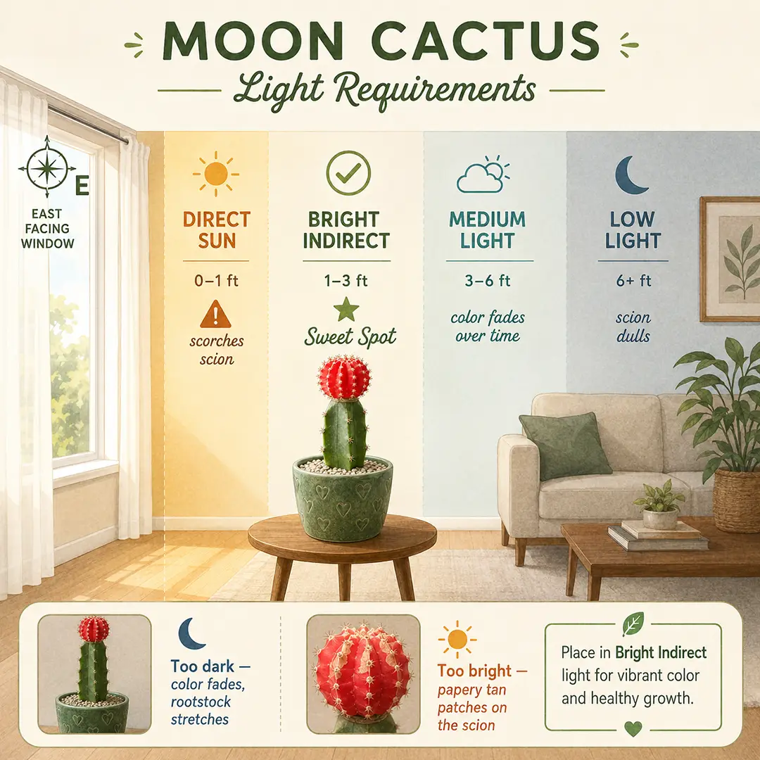 A labeled square light-zone diagram showing a Moon Cactus placed in the sweet spot a foot or two back from an east window, with sweet-spot, too-dark, and too-bright zones color-washed, and small notes warning against direct midday sun bleaching the colored top